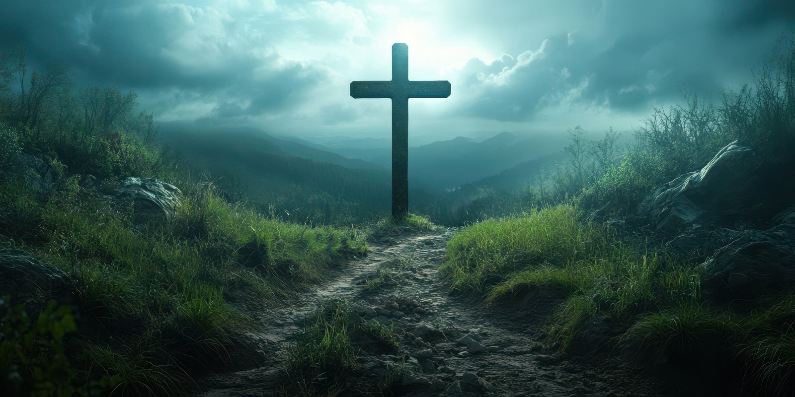 Cross standing in serene landscape at dusk surrounded by mist and nature